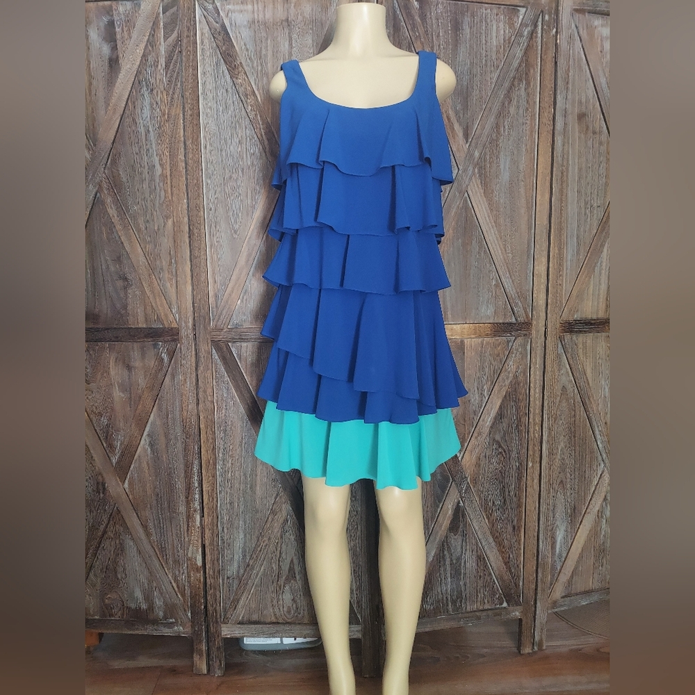 Calvin Klein Ruffled, Flirty, Cobalt and Aqua Tiered Sleveless Dress, Size 10.